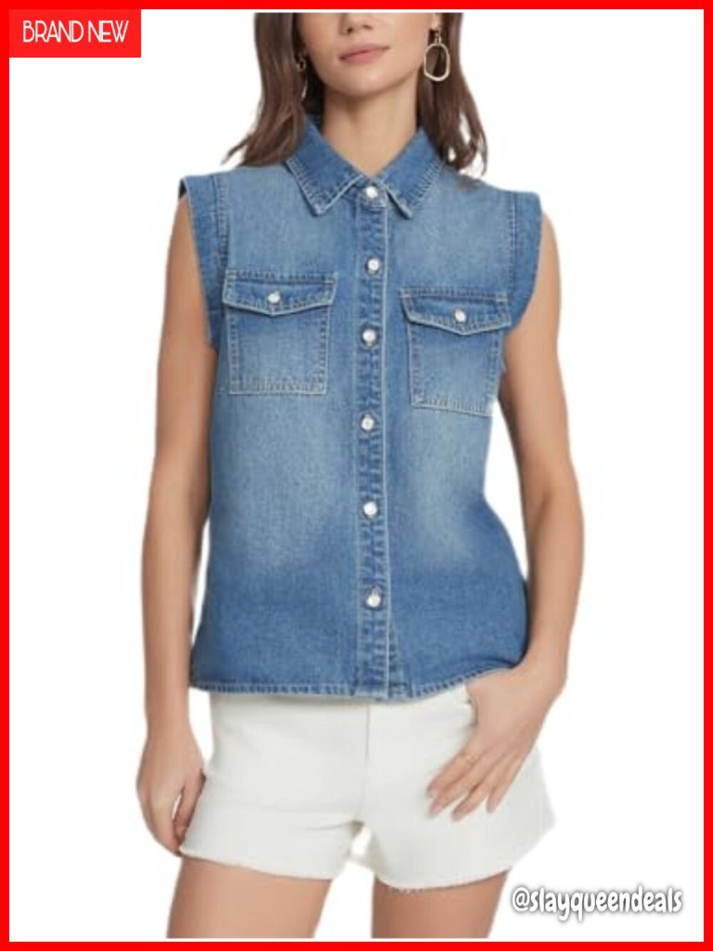 Sleeveless Denim Vest Jacket Button Down Jean Shacket Collared Waistcoat Pockets
